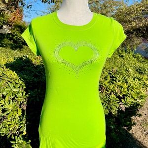 Handmade Rhinestone Detail Heart T-Shirt Slim Tee Green Silver
